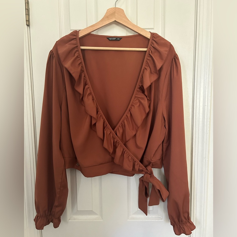 Chic Rust Brown Ruffle Wrap Top - Never Worn